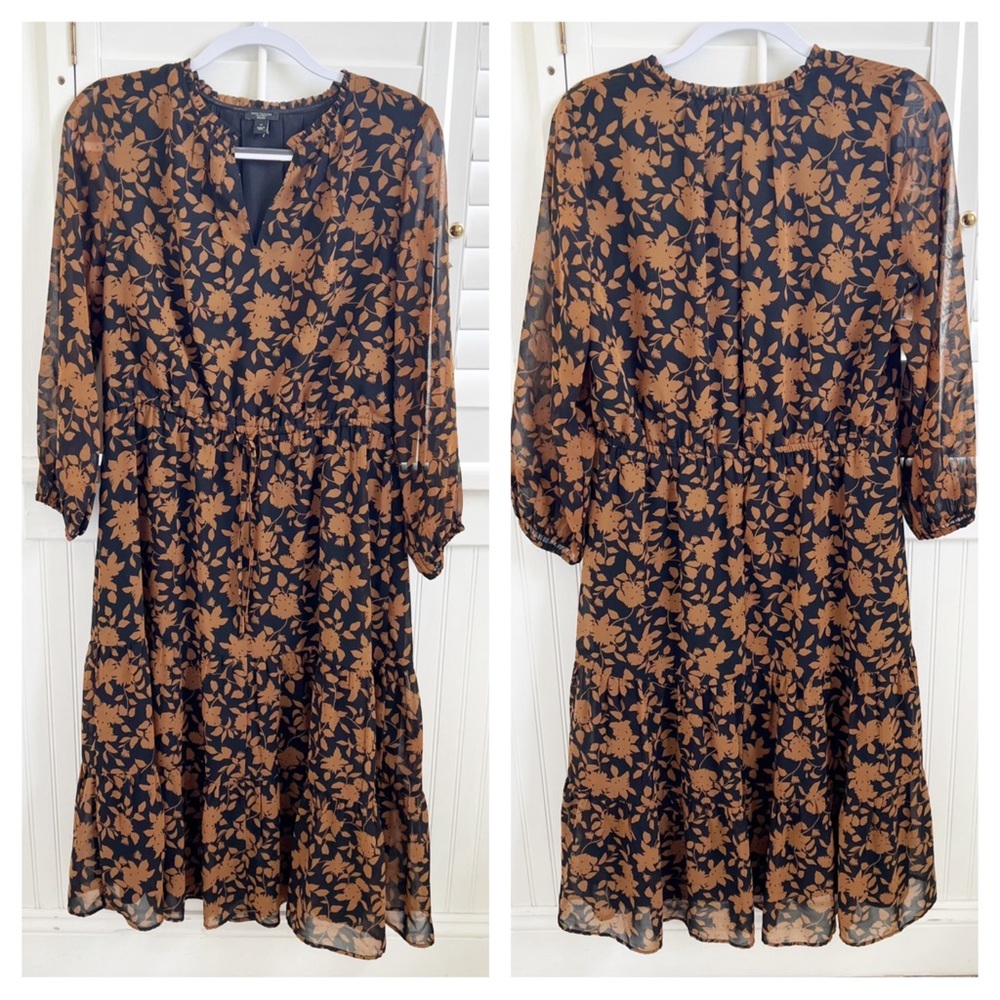 Ann Taylor Factory Black & Brown Floral Print Tiered Midi Dress Large Petite